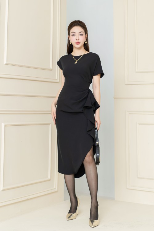 Sixdo Black Asymmetric Midi Silk Dress